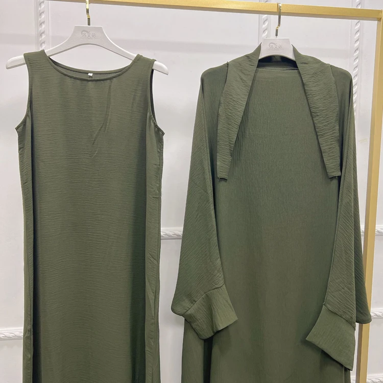 Dubai Jazz Crepe Long Sleeve Khimar Dress Jilbab Two Piece Set Islamic Muslim Women Turkey Middle East Solid Prayer Robe Caftan