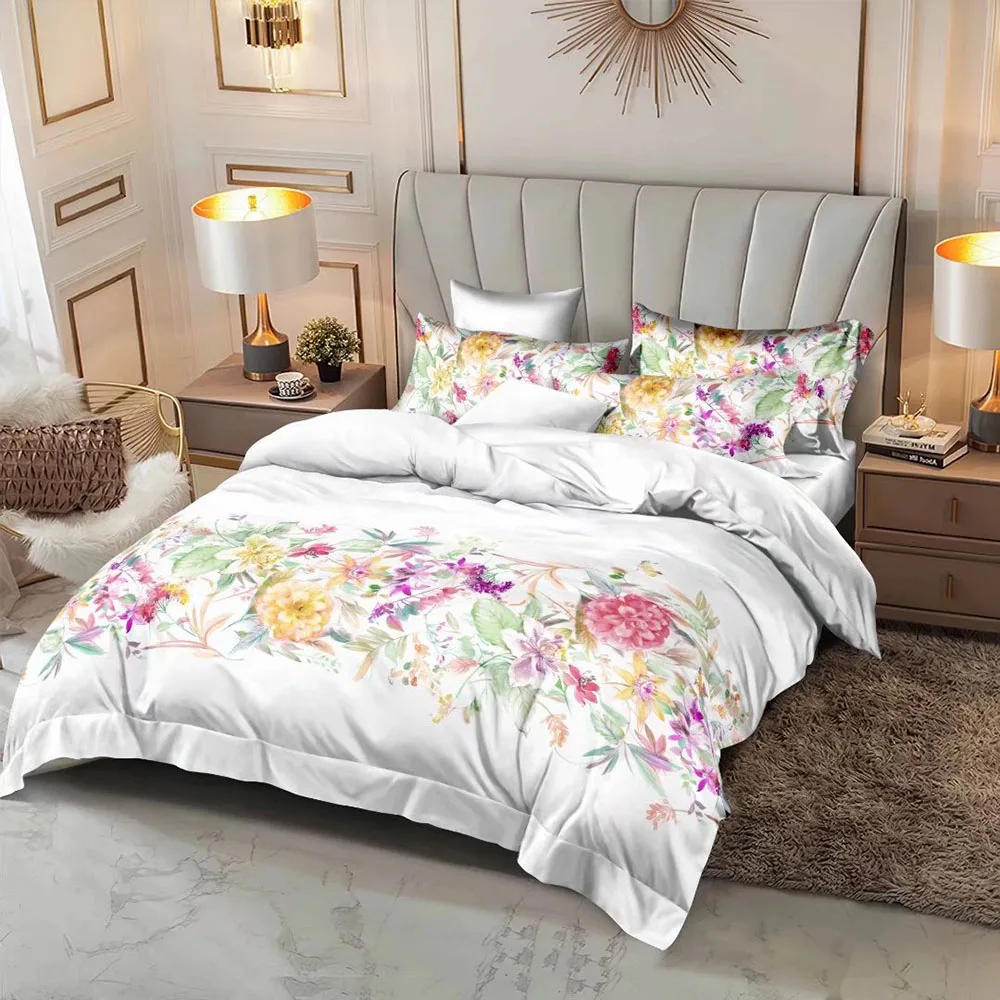 Custom Fabric Printing Bedding Brushed Micro Fibre Sheet Pillowcase Duvet Cover Sets With Flowers And Plants