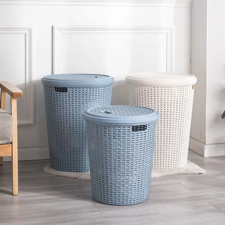 Rattan Design Round Shape Plastic Laundry Basket with Lid Dirty Clothes Sorter Plastic Laundry Hamper