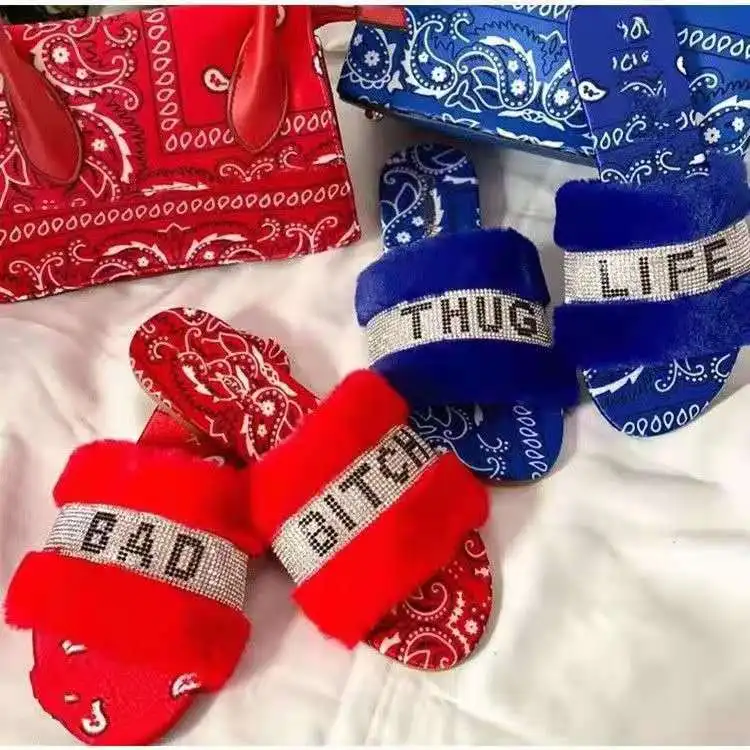 Fashion Women Open Toe Slip-On Faux Fur With Diamond Slippers Ladies Flip Flops Beach Outdoor Furry Slides