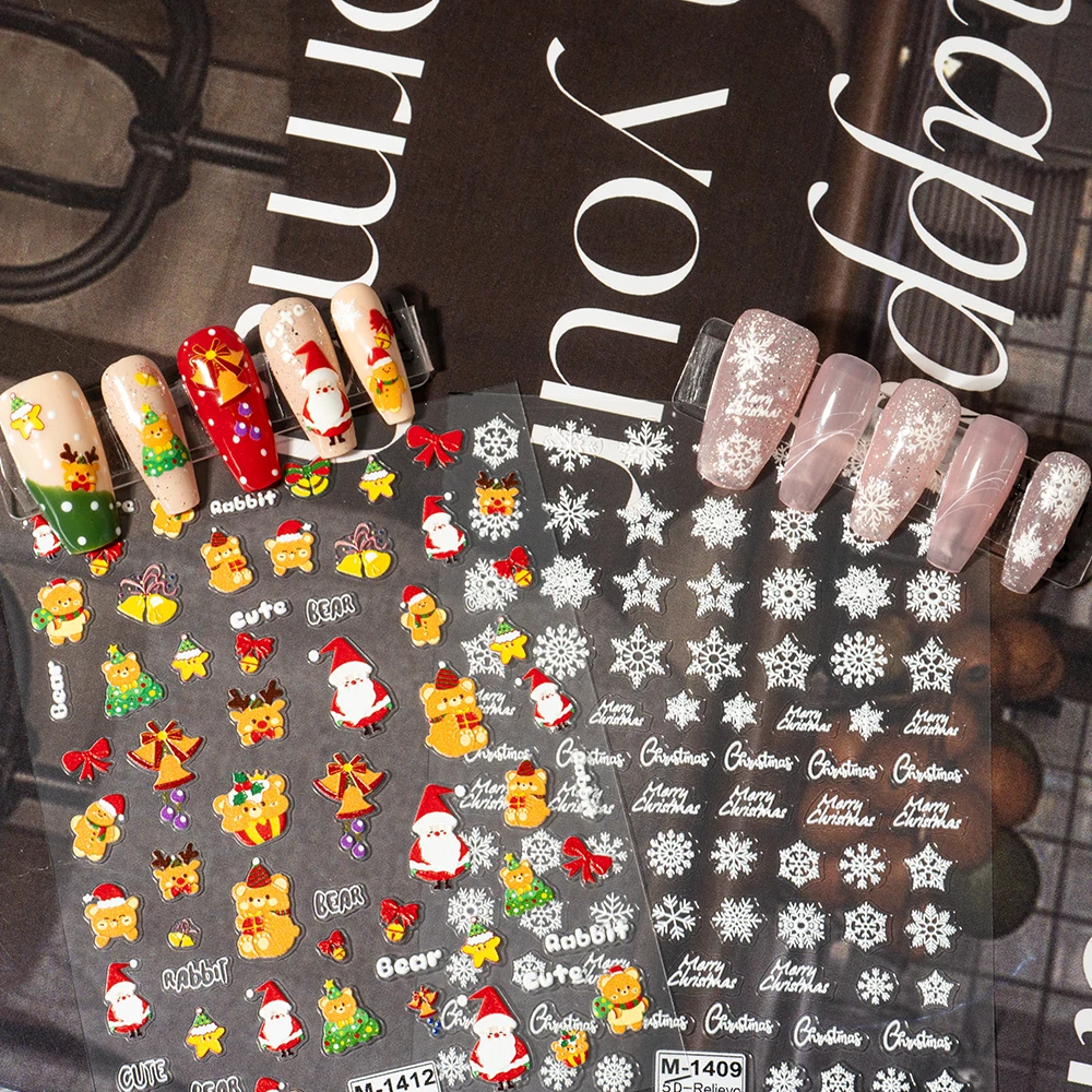 Christmas 5d embossed reliefs nail art stickers semicured gel nail sticker video nail decal