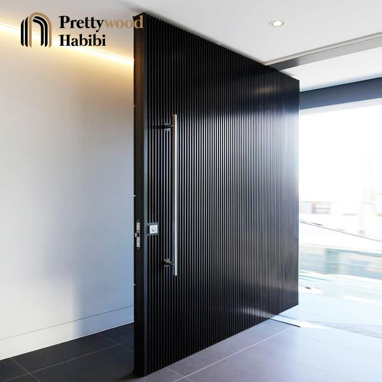 Prettywood Luxury Black Modern Vertical Slats Exterior Villas Solid Wooden Front Entry Doors For House