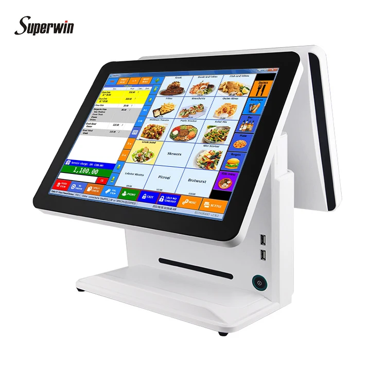 
15 inch dual screen touch cash acceptor machine restaurant ordering touch machine android Window touch pos system for retail 