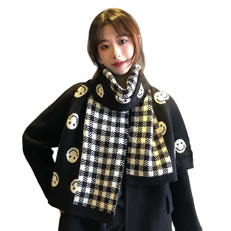 Lady Thicken Warm Soft Long Scarf Female Autumn and winter Smiley face Plaid knitting Scarves