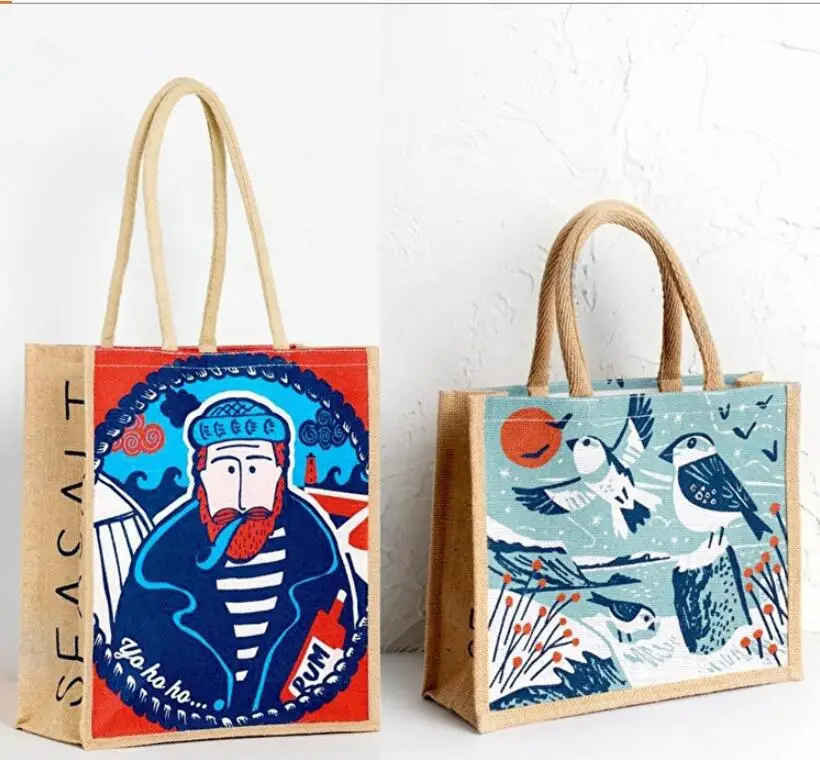 Reusable jute woman tote bag wholesale fancy jute cotton burlap hand bag  with trim and lining