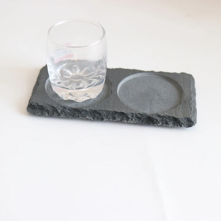 20x8cm Rectangle natural black slate plates stone sushi soy sauce dish with two holes