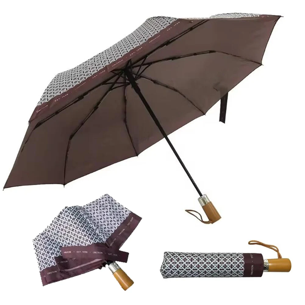 Auto Open Custom Full Over Color Print Vintage Wooden Handle 3 Folding Umbrella