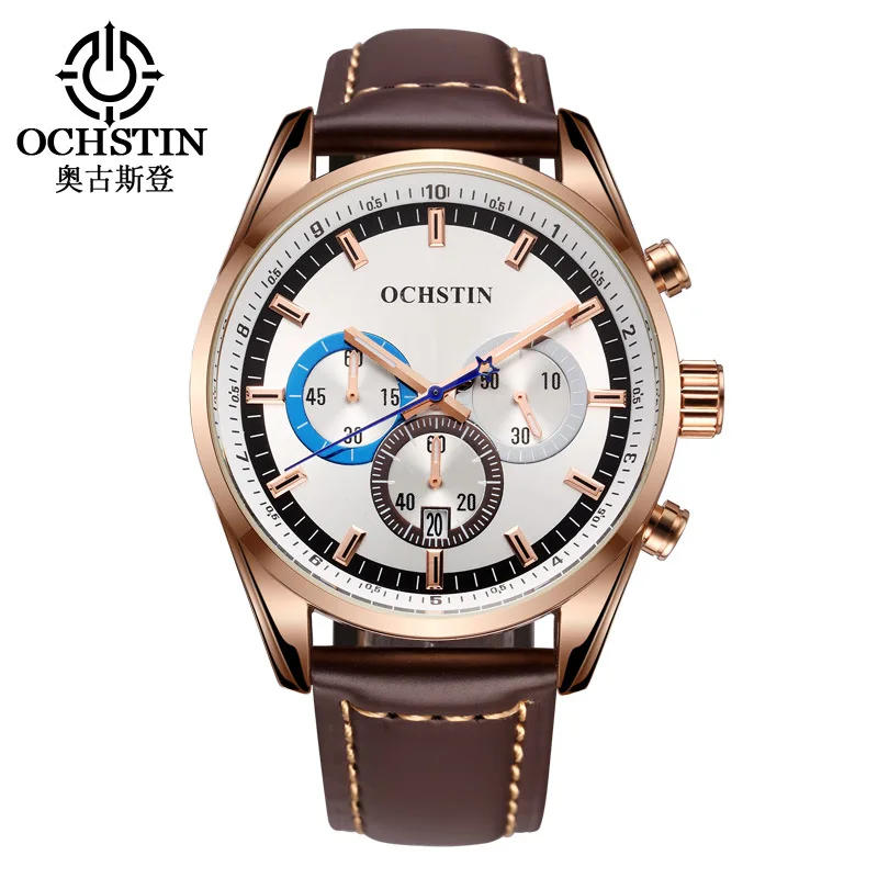 OCHSTIN 046 мужские наручные часы Топ Роскошные Брендовые Часы с хронографом Календарь натуральная кожа кварцевые для мужчин спортивные