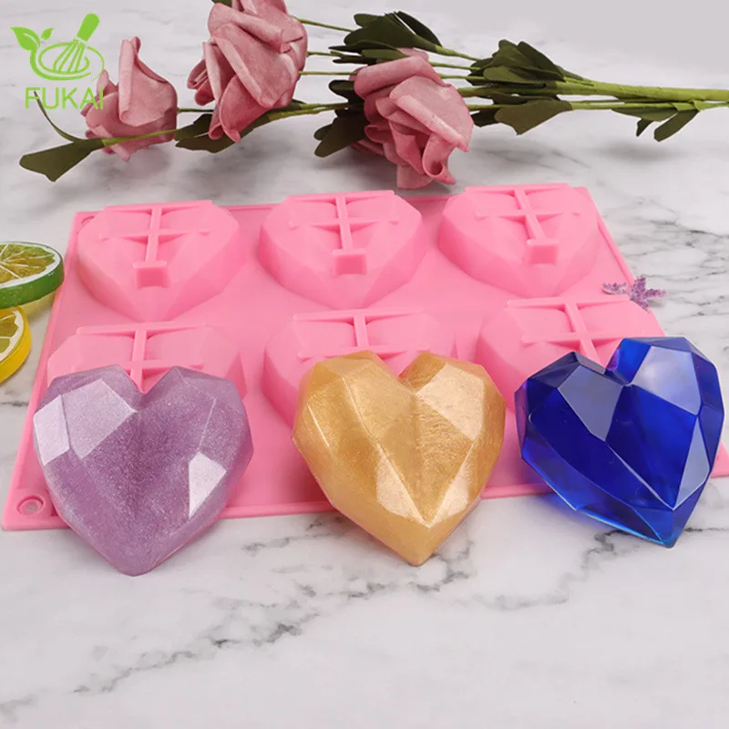 6 Hole Diamond Love Heart Shape Mousse Cake Silicone Mould Food Grade Chocolate Dough Sugar Cream Mold