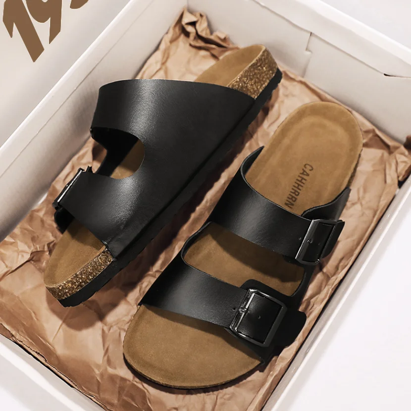 OEM ODM LOGO Custom Slippers Summer Comfortable Eva Cork Slippers Genuine Leather Thick Sole Men Slides Slippers Sandals