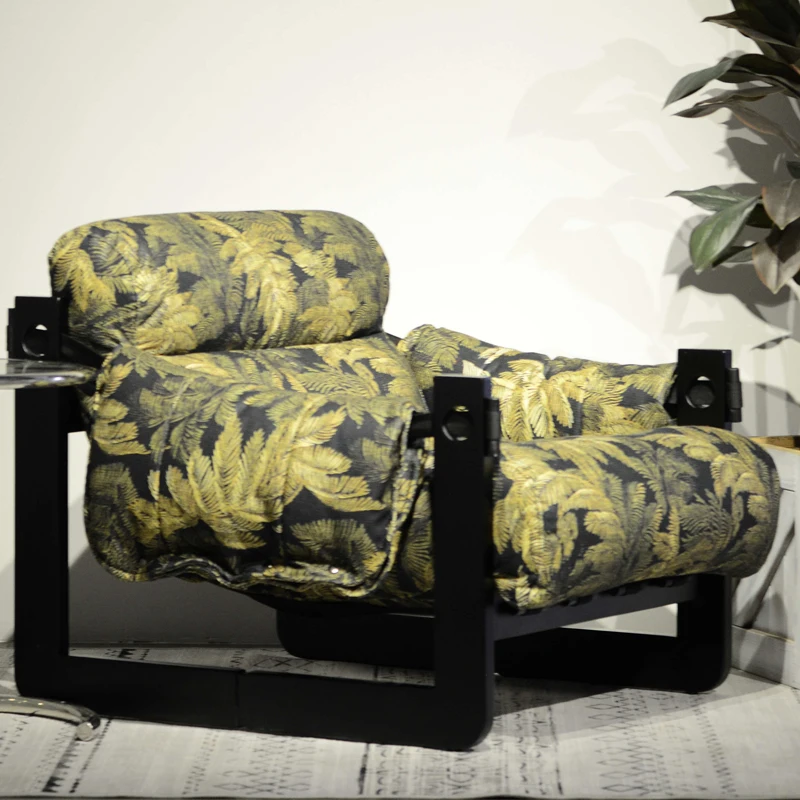Solid Wood French Vintage Single Sofa Chair walnut Wax Jersey Black Genuine Leather Casual Living Room Bedroom Lazy style