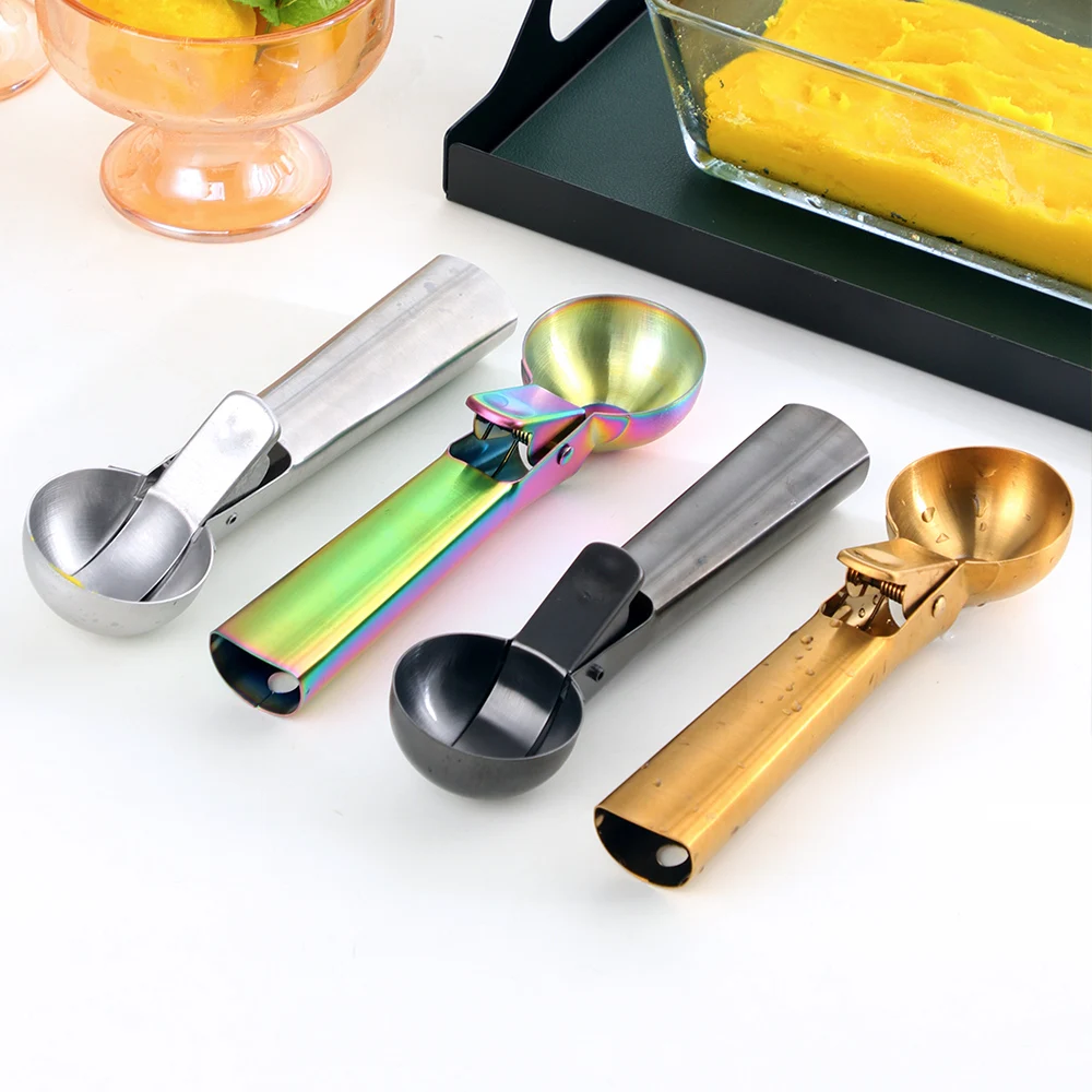 High quality kitchen accessories ice bucket tools Stainless steel snowball potato ice cream spoon Scoop with Trigger