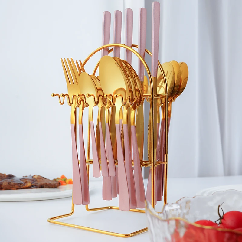 Gold Cutlery suit Household With display shelf Square handle fork spoon knife set stainless steel kitchen Cutlery set Reusable