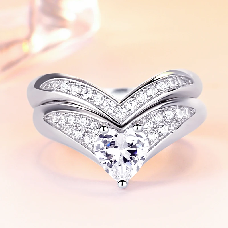 925 Sterling silver V shape ring stackable ring  with Heart shape stone Wedding set Wholesale fashion rings by the dozen