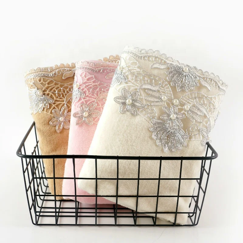 Luxury Good Quality Plain Weave Velvet Pearl Silver Thread Gift Towel with Beautiful Lace