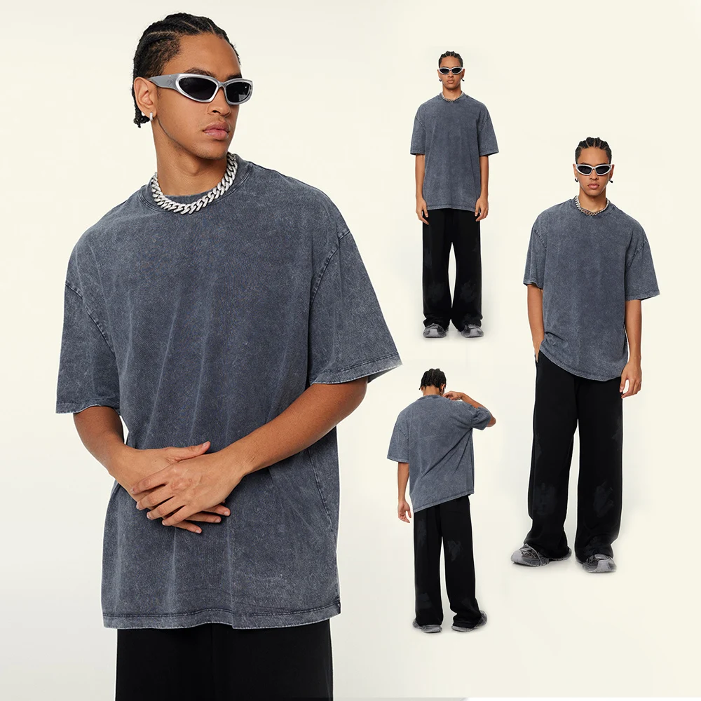 High Quality Custom Logo 100% Cotton Vintage Batik Acid Wash 270GSM Heavyweight Men Oversized Plain T Shirt Wholesale