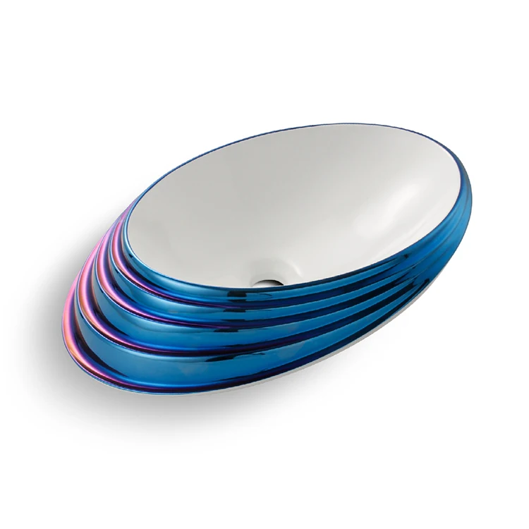 HEGII oval plating blue color luxury hotel modern decor countertop vessel ceramic washbasin bathroom sink hand wash art basin