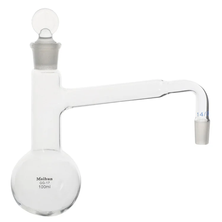 China manufacturing quality assurance lab glass ware GG-17 distilling flask with side tube