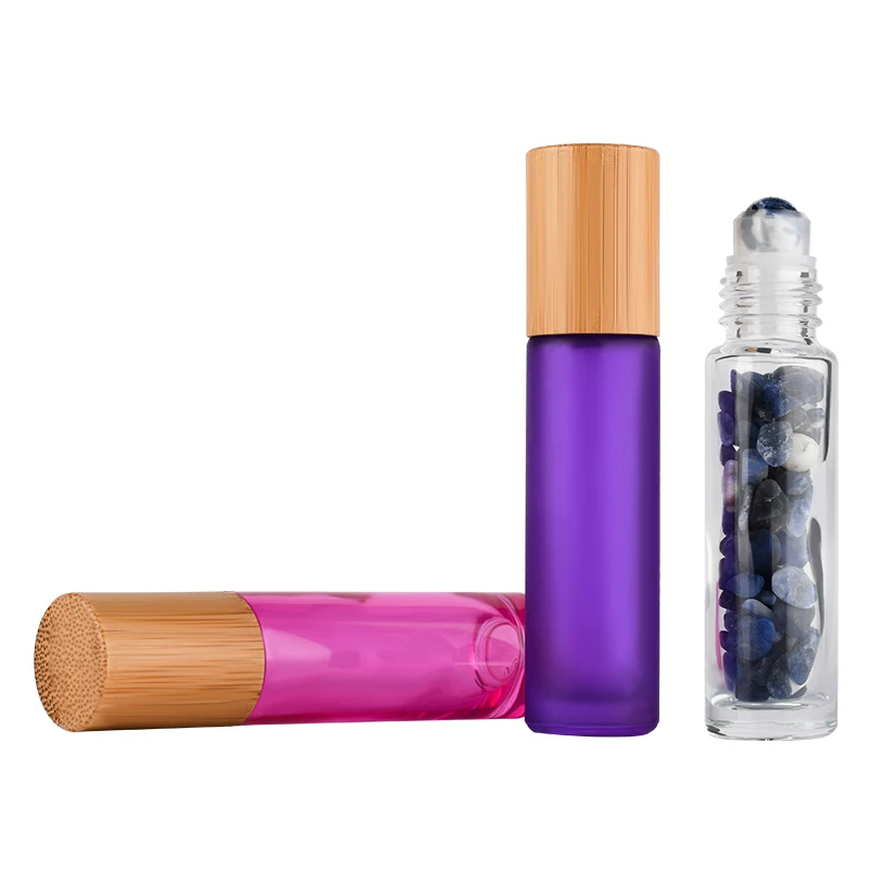 Refillable Glass Essential Oil Roll On Bottle Steel Roller Ball 10 ml Roll on Bottle with Bamboo Lid