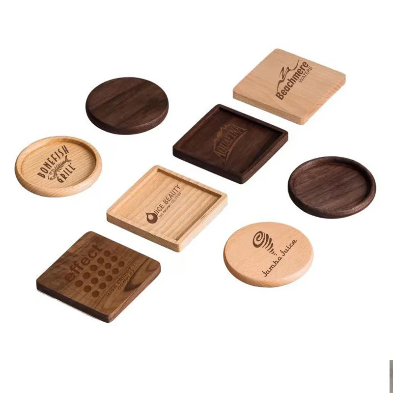 Promotional Custom logo Natural Wood Cup Mat coaster DIY Bamboo Eco-friendly square Round Wooden Coasters for Drinks Coffee Tea