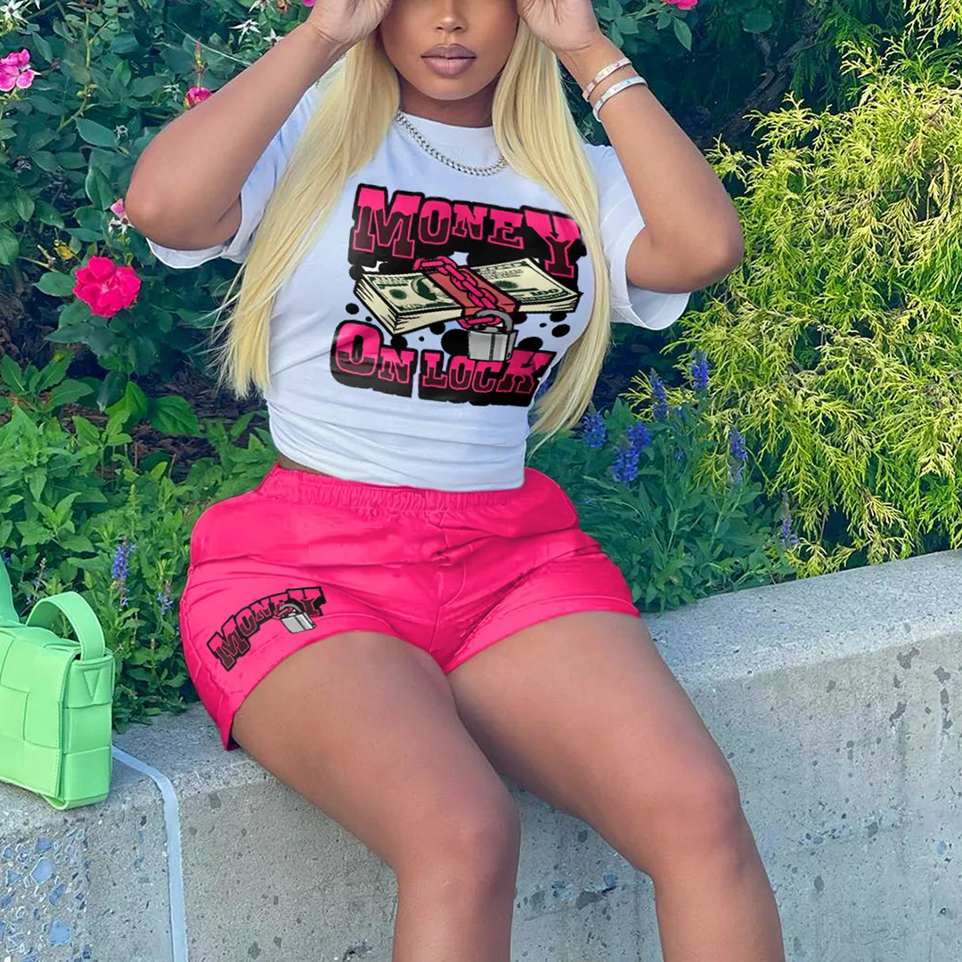 Лучший дизайн High Street Style Индивидуальность тренировочный костюм с принтом для девочек; Летняя футболка короткими рукавами и шорты женщин из двух частей