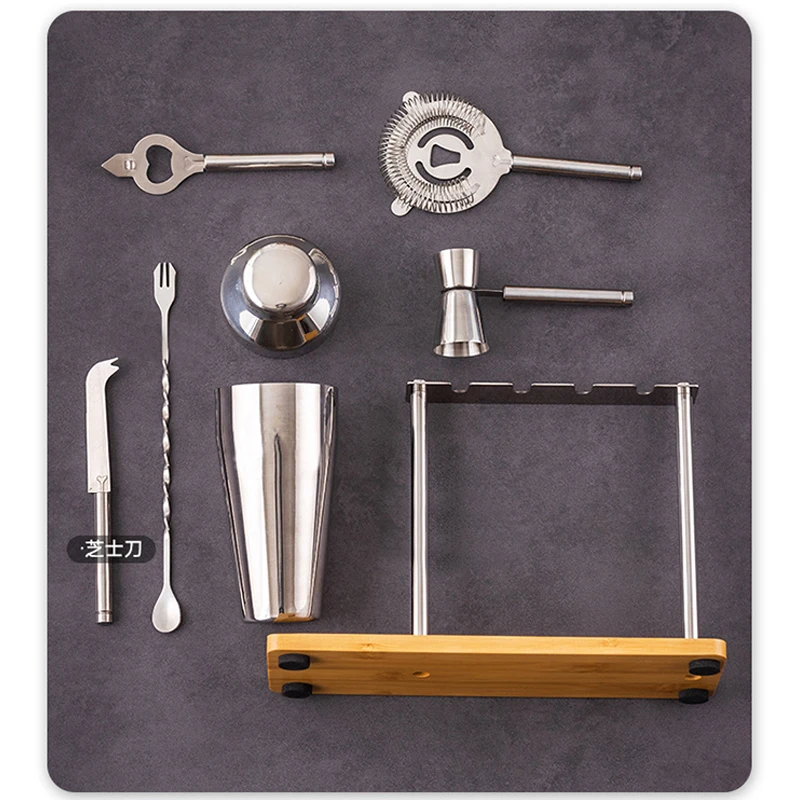 7pcs Bartending Kit Silver Metal Stainless Steel Bar Cocktail Shaker Set with Wood Stand Rack Bottle Opener Cheese Knife