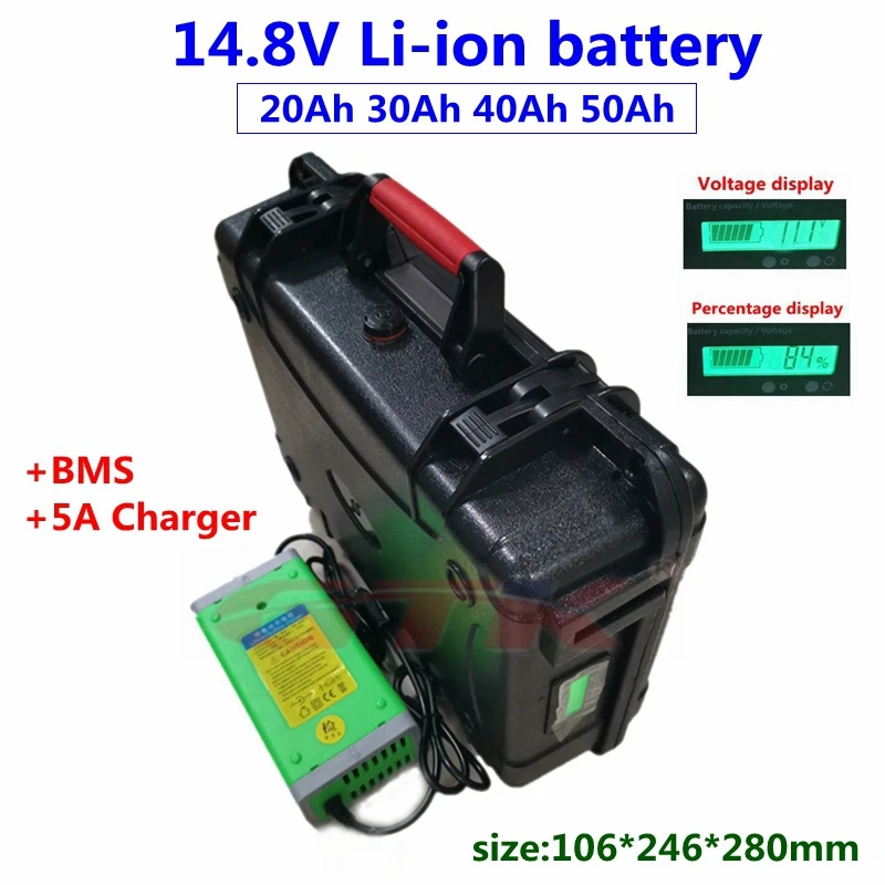 Waterproof 4S 14.8V 50Ah 40Ah 30Ah 20Ah Lithium li ion battery not 12v for electric winch fishing reel solar system+5A Charger