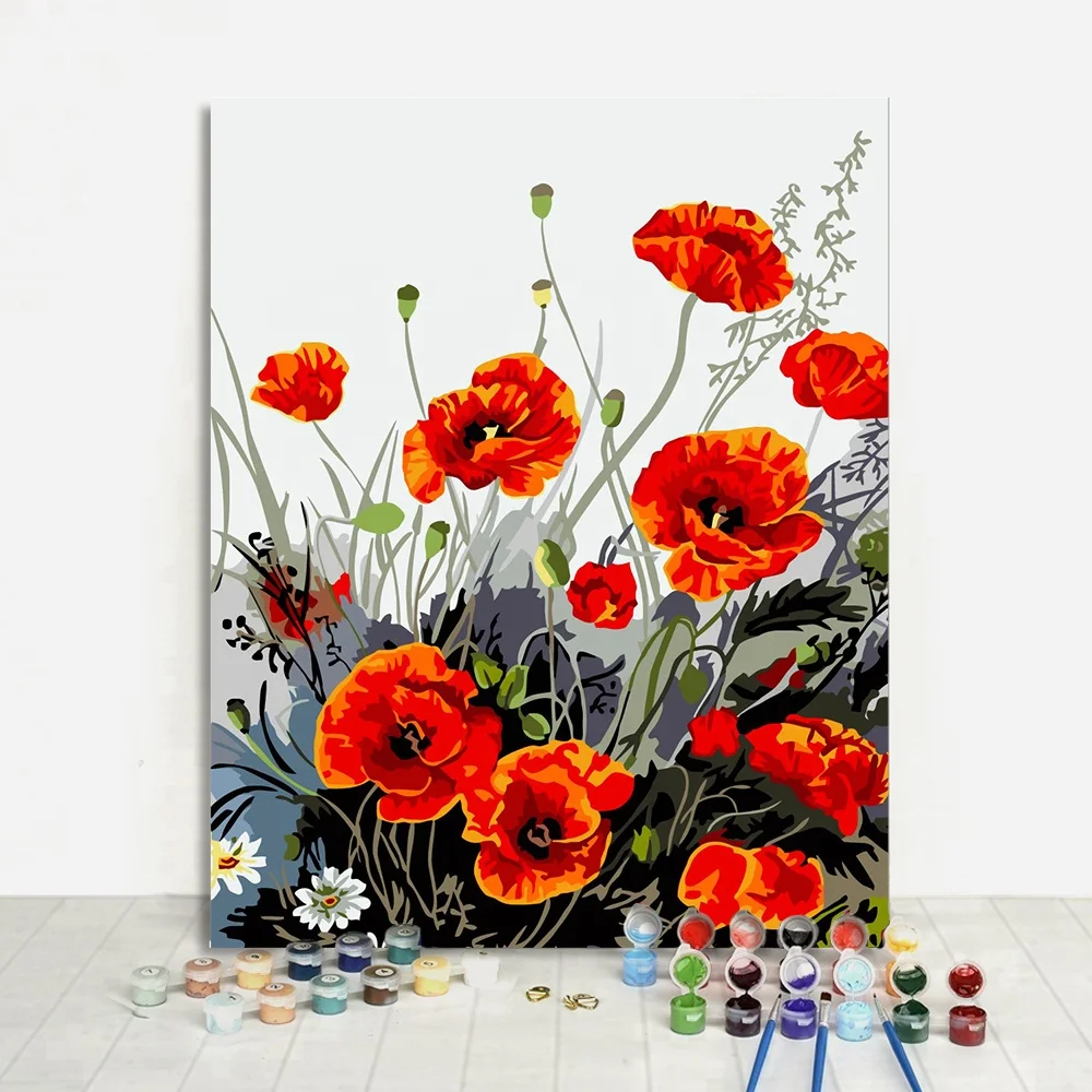  Still Life Flaming Red Poppies Flower DIY Painting By Numbers Easy For