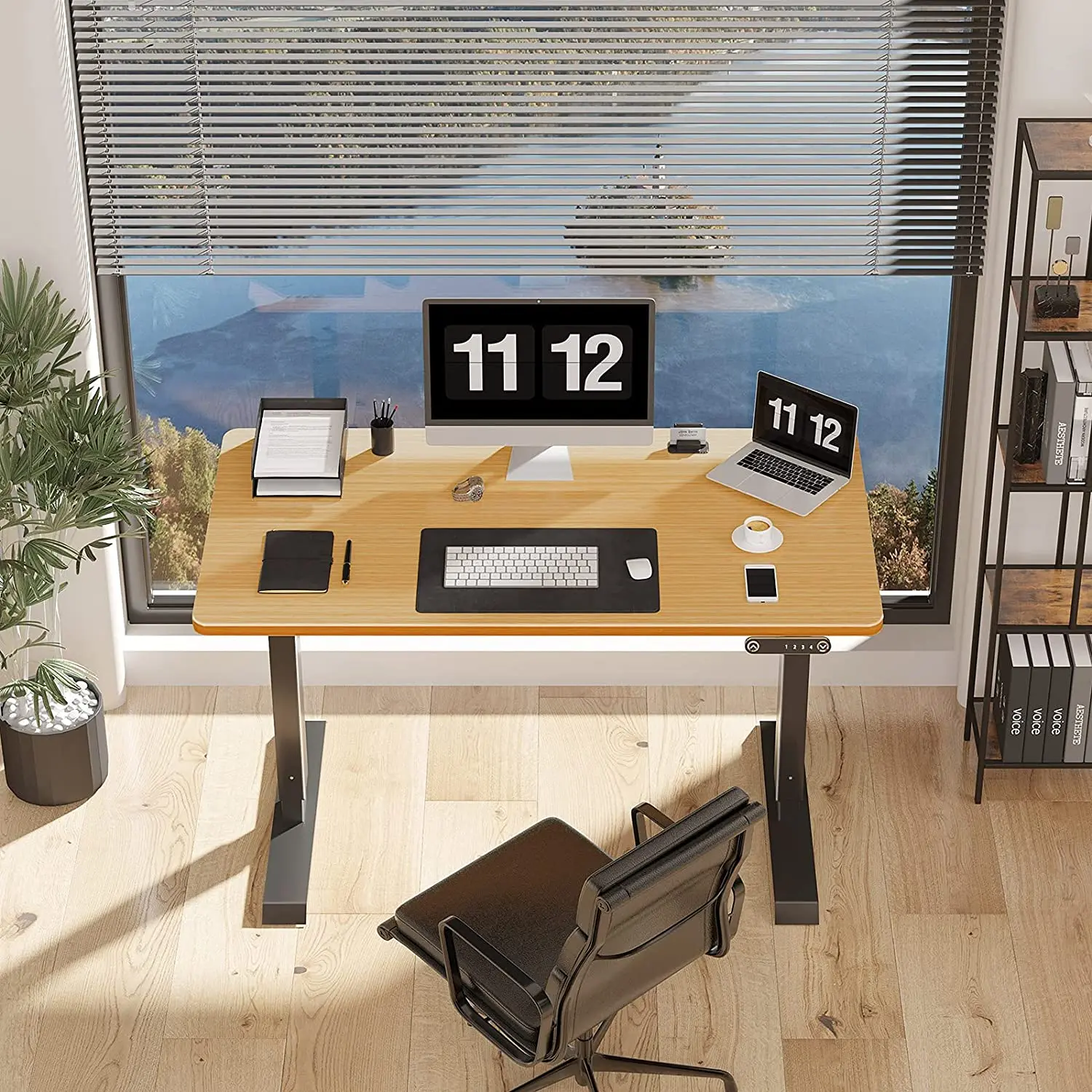 Mingming Corner Standing Desk Gaming Table Adjustable Ergonomic Standing Office Desk Bamboo Wooden Modern Home Office Furniture