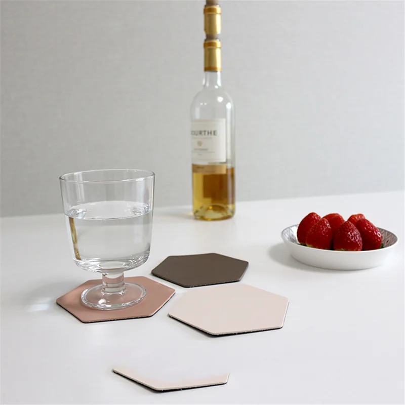 Hot Selling Durable Hexagon Blank PU Leather Custom Embossed Logo Drink Coaster For Table Decoration