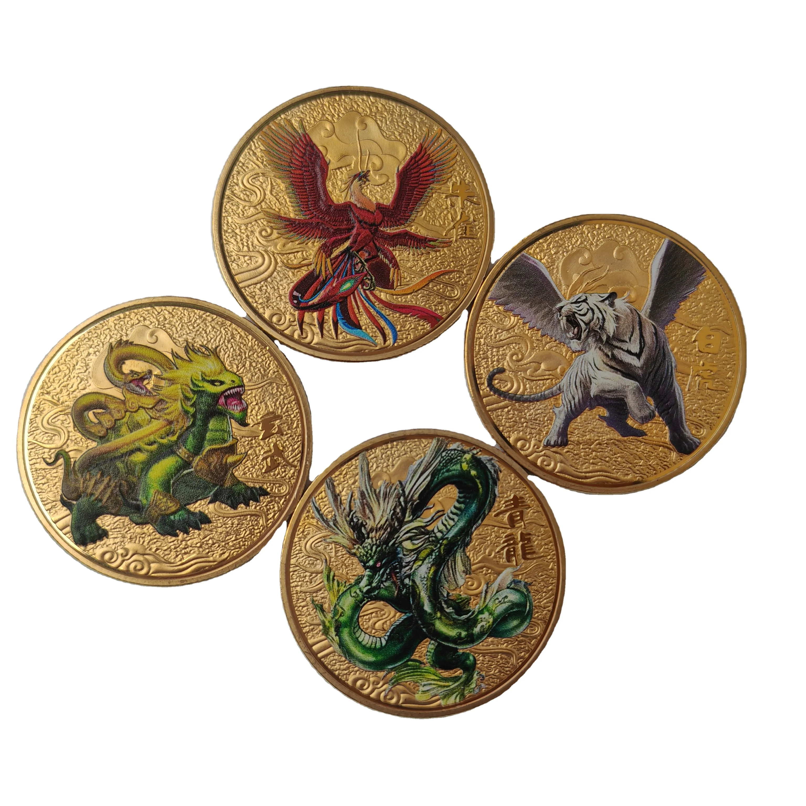 Four Chinese Mythical Beasts Gold Coins Blue Dragon White Tiger Black Tortoise Painted Commemorative Medallion Metal Crafts