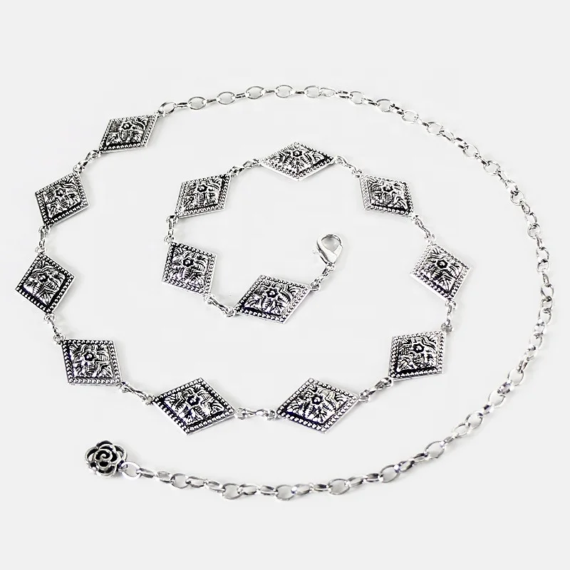 Vintage Antique Silver Carved Metal Waist Chain Ladies Skirt Decoration Accessories Chain Belt