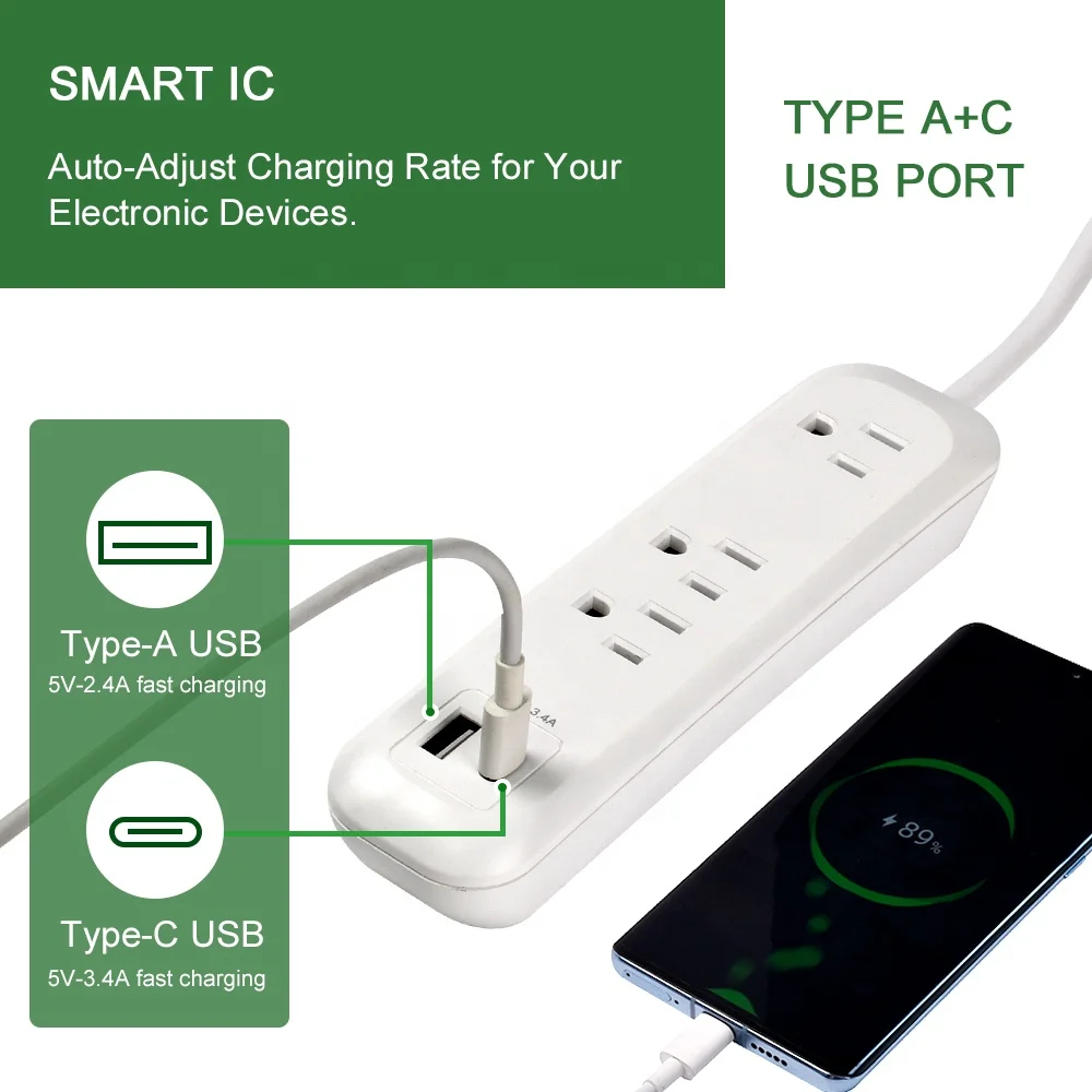 Сетевой фильтр с 3 выходами переменного тока и защитой от перенапряжения usb c