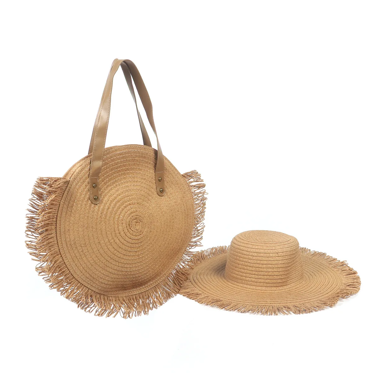 Wholesale Set Straw Bags Ladies Woven Straw Bags  Fashion Shoulder Round Bag Straw Hat with Tassel