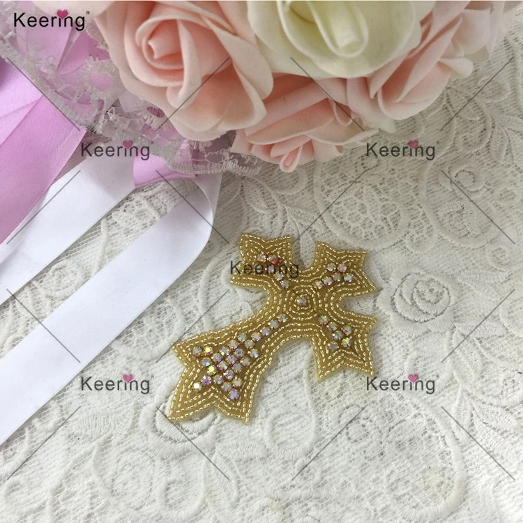 Keering DIY Cross Glass And Pearl Crystal Applique Design For Phone Cases Sash Shape Rhinestones Iron On Gold Applique Patches