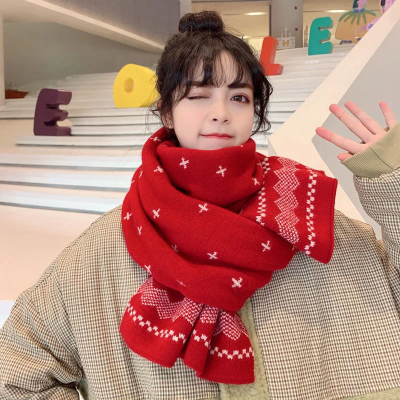 Christmas Gift Winter Scarf Warm Plush Snowflake Pashmina Shawl Knitted Cotton Scarf For Women