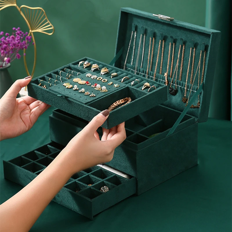New Grey 3-Layer Flannel Jewelry Organizer Box Necklaces Earrings Rings Large Capacity With Lock Display Holder Case Women
