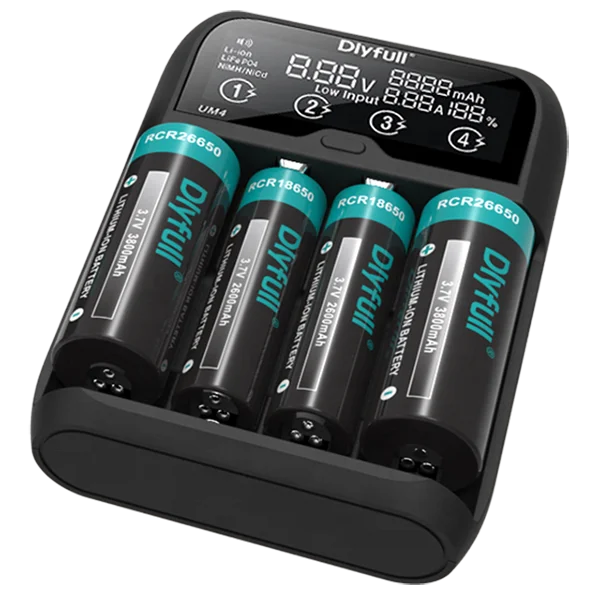 Dlyfull UM4 4 Slot Smart Fast Universal Battery Charger for Lithium ion Liion LiFePO4 NiMH 18650 26650 21700 14500 123A with LCD