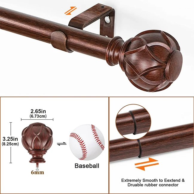 HB Good Price Classic Wood Grain Resin Bathroom Window Curtain Rod Accessories With Finial and Rod For Room