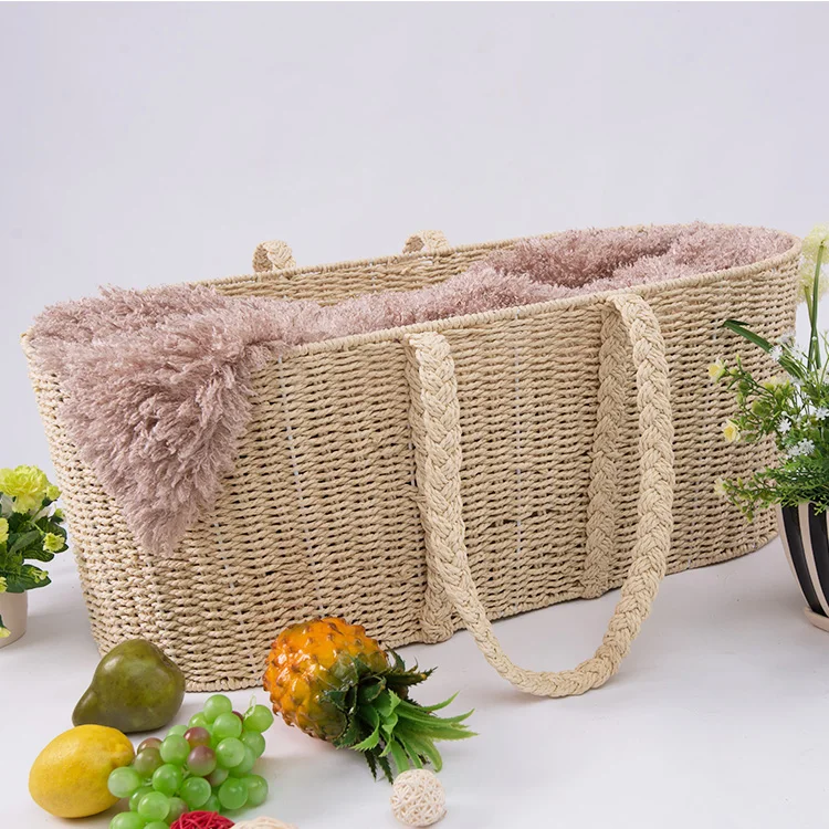  HuangTu Natural Korb Seagrass Woven Cover Baby Moses Changing Wicker Cotton Storage