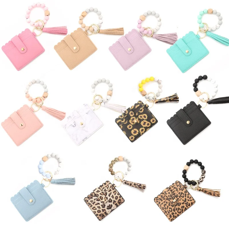 Self Defense Hot Selling Sunflower Leather Tassel Girls Silicone Wooden Beaded ID Credit Cards Wallet Bangle Wristlet Keychain