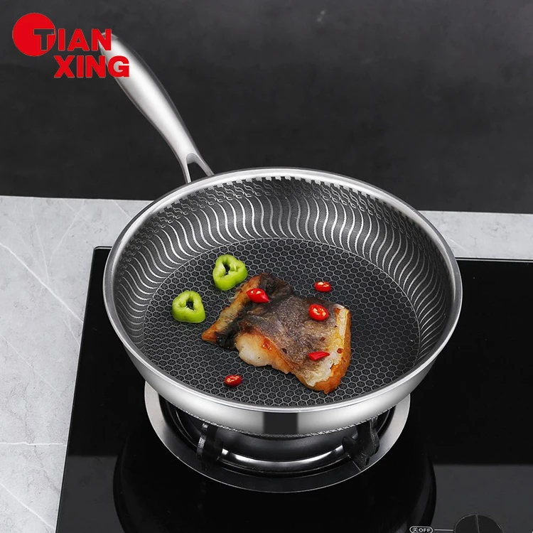Tianxing Top Selling Food Grade Non-stick Hybrid Frying Pan Honeycomb Skillet 3-ply Stainless Steel Pans With Lid