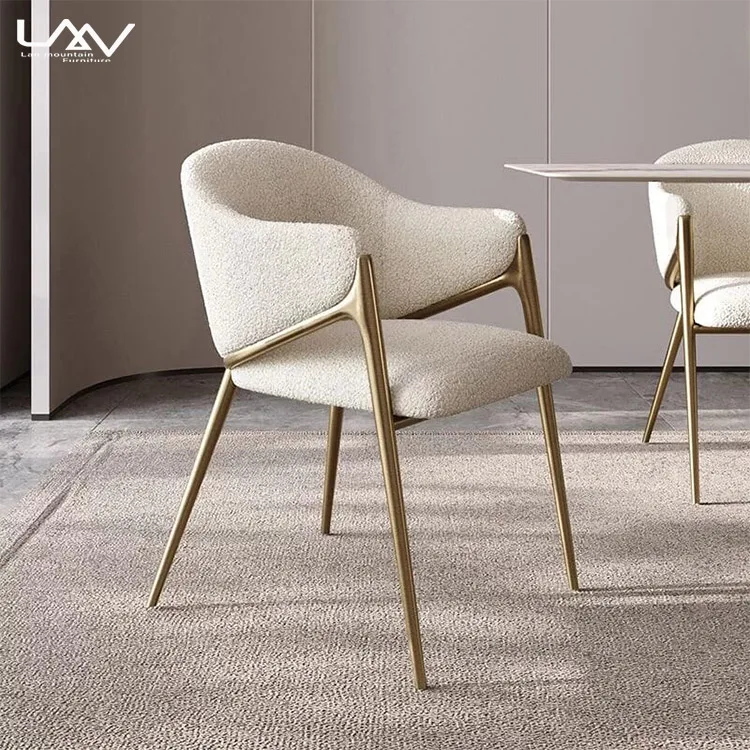 Golden stainless steel luxury hotel chair modern restaurant cafe furniture white Lambswool dining chair