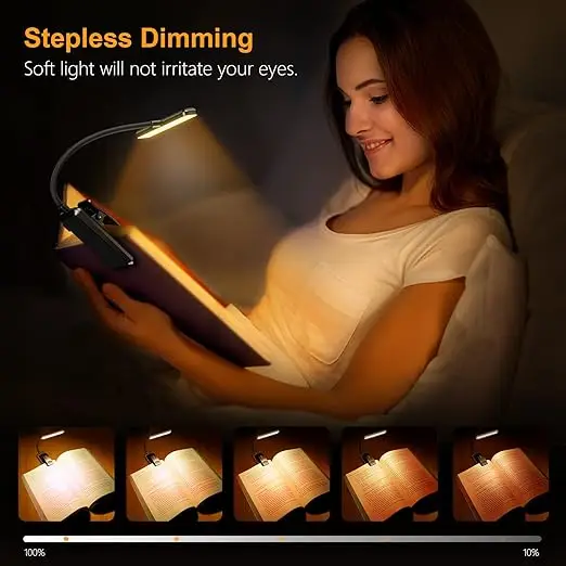 Rechargeable Book Light for Reading in Bed Memory Function Stepless Dimming Brightness