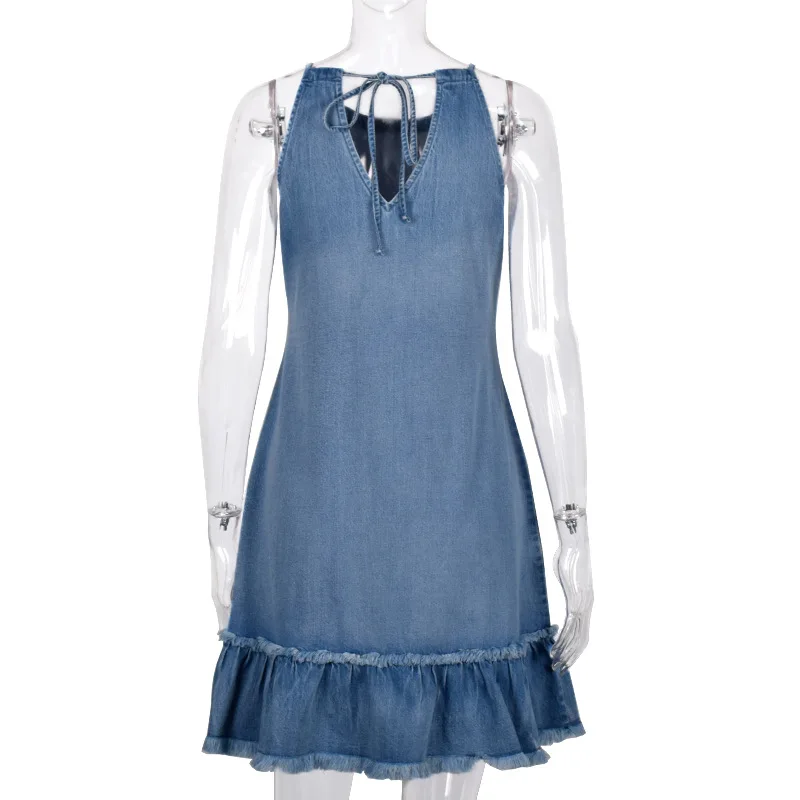 New Oem Fashion Loose Ladies Jeans Women Halter Ruffles Dresses Denim Dress