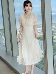 Beading Women Mesh Midi Dress Summer Apricot Sweet Tulle Chiffon Elegant Ruffle Sleeve Long Evening Dresses For 2022