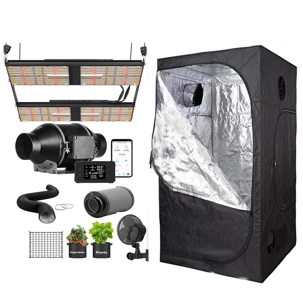 Smart Growing Plant Tent System 4x4 WiFi Controller Automate Ventilation Fan Full Spectrum 480W LED Grow Light