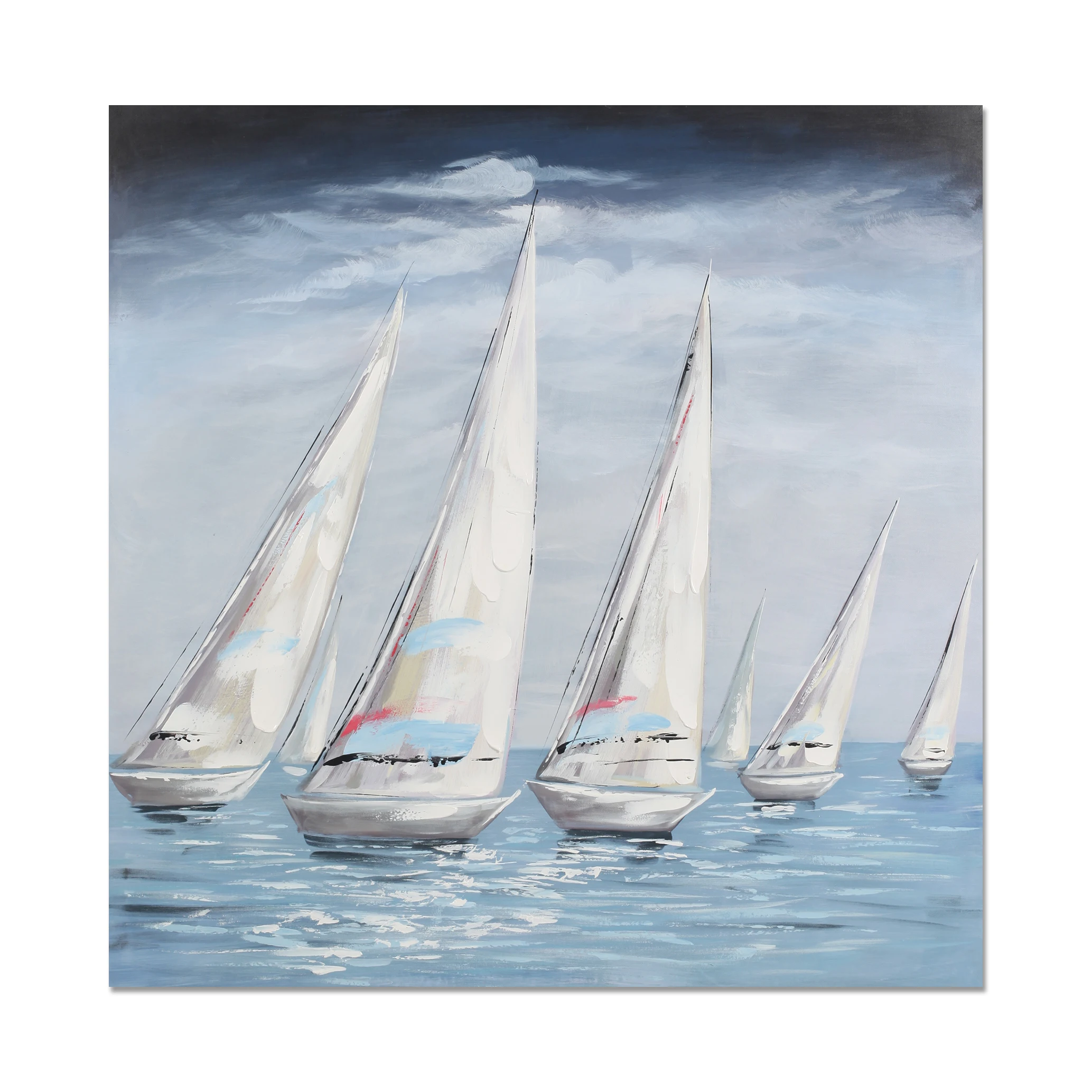 Hand Painted Square High Quality Fine Art Canvas Boat Sea View Oil Painting