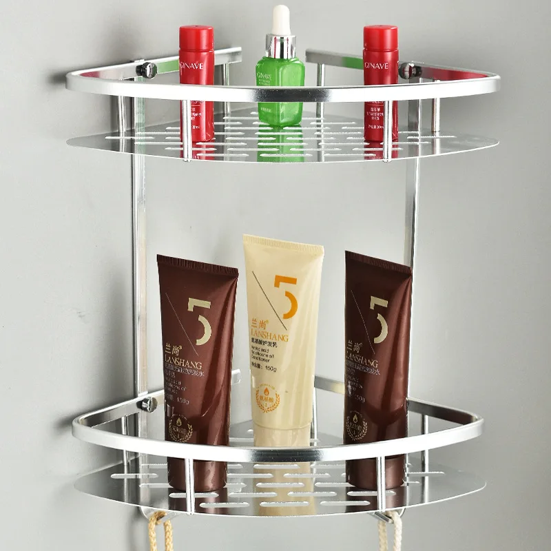2 Tier Aluminum Bathroom Corner Shelf Shampoo Cosmetic Storage Rack Wall Mounted Kitchen Bathroom Corner Shelf