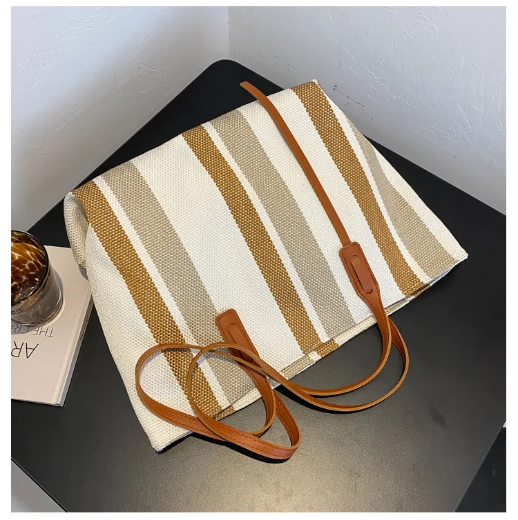 Wholesale Casual Outdoor Ladies Shoulder Handbags Large Capacity Simple Canvas Striped Zipper Tote Bags for Women